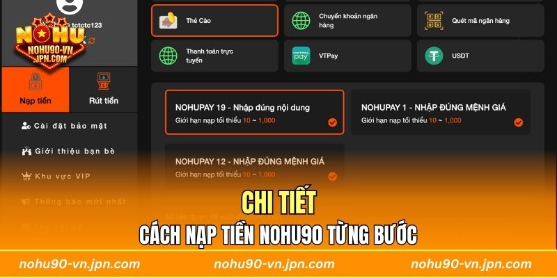 Chi tiết cách nạp tiền Nohu90 từng bước