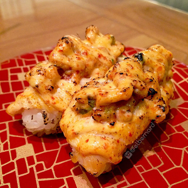 Torched Spicy Salmon Nigiri - IDR 38K for 2 (from the sushi train)