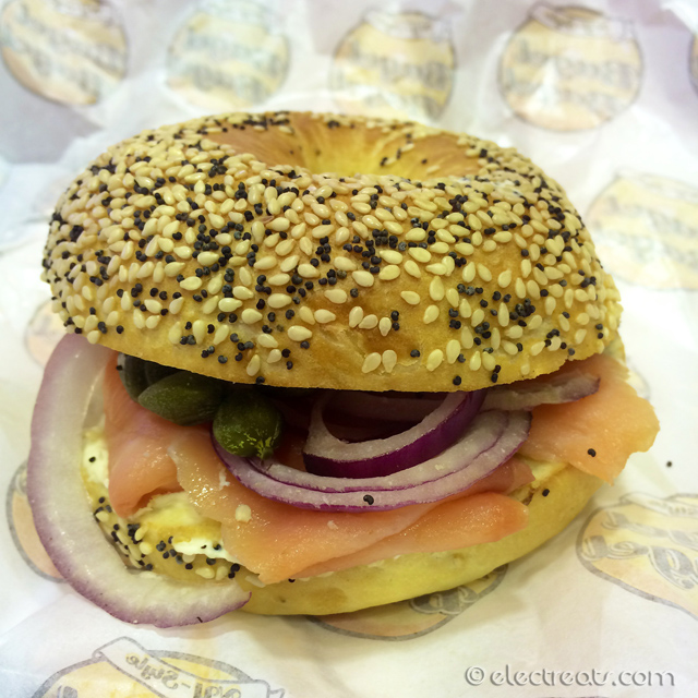 Lox on Everything Bagel - IDR 55K  Smoked salmon, cream cheese, capers, and red onion. A must-try.