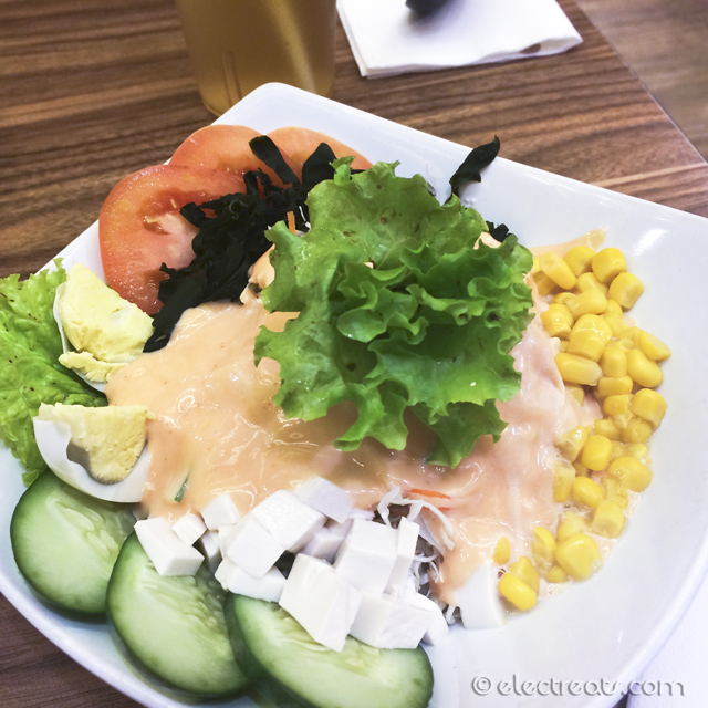 Ichiban Salad - IDR 25K  Fresh salad made of cabbage, carrot, cucumber, corn, seaweed, lettuce, egg, and tomato.