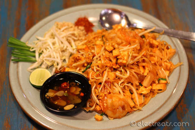 Pad Thai - IDR 59K  Stir-fried rice noodle with shrimps, eggs, tomatoes, bean sprouts, and chives.